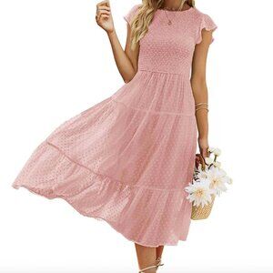 MEROKEETY Swiss Dot Flutter Sleeve Smocked Midi Dress